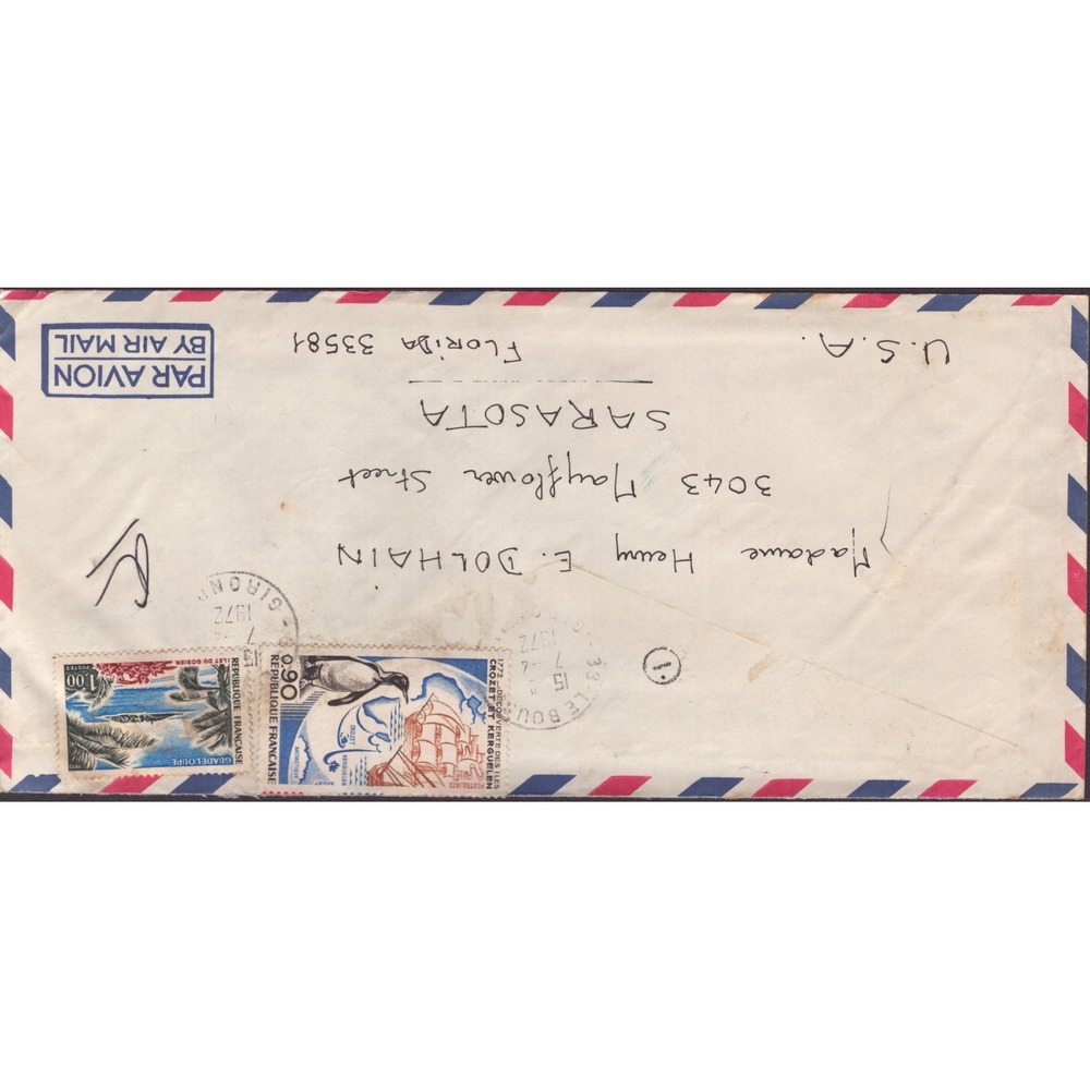Vintage 1972 France Airmail Cover TAAF Guadeloupe Stamps Sarasota Florida VG - Picture 1 of 2